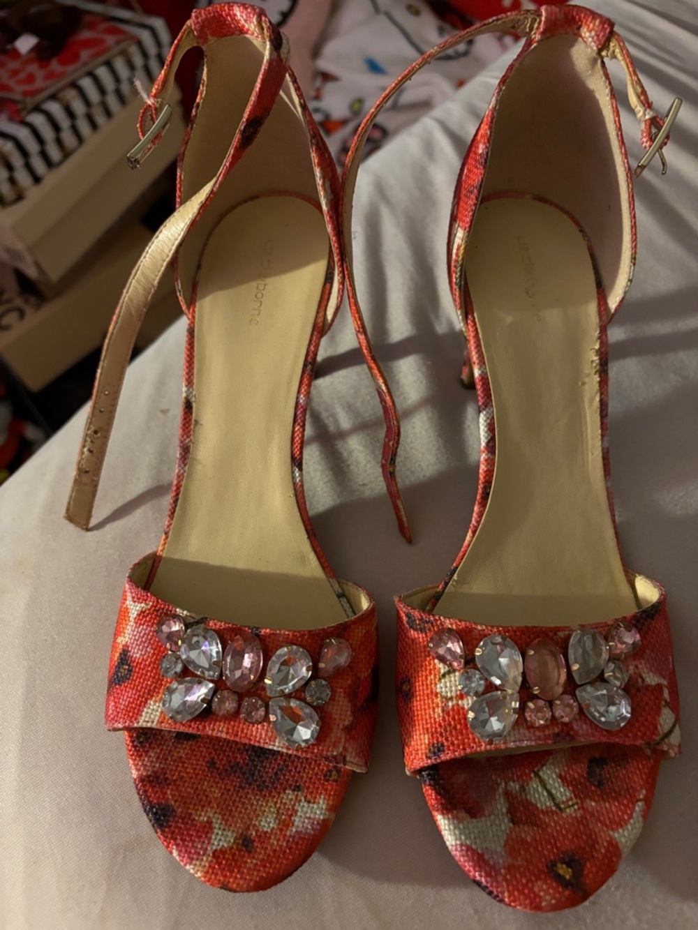 Liz Claiborne Red Floral Crystal-Ankle Strap Heels